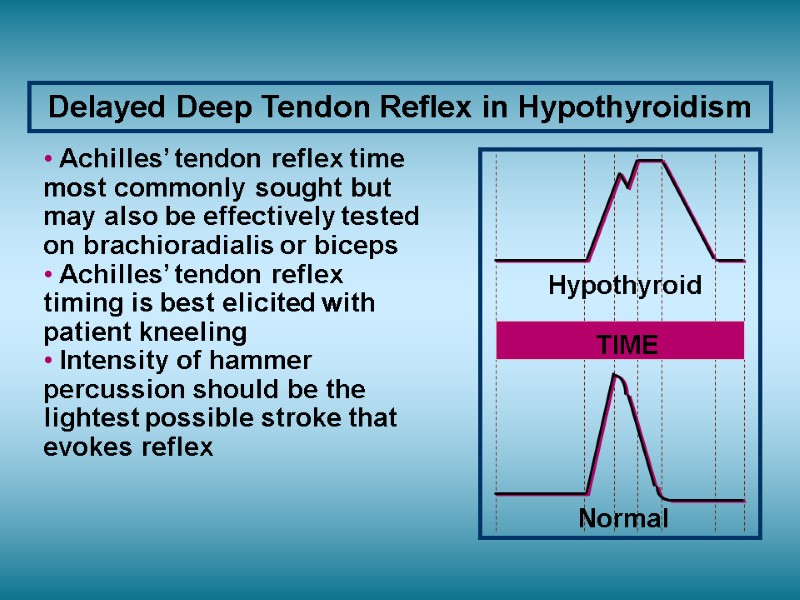 Delayed Deep Tendon Reflex in Hypothyroidism Normal Hypothyroid TIME  Achilles’ tendon reflex time